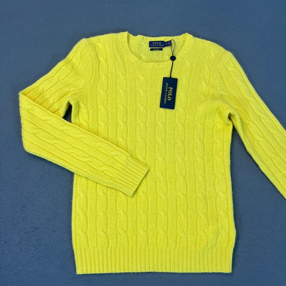 Polo Ralph Lauren Sweaters - Polo Ralph Lauren Cable Knit 100% Cashmere Sweater Yellow Crew Neck Size Medium